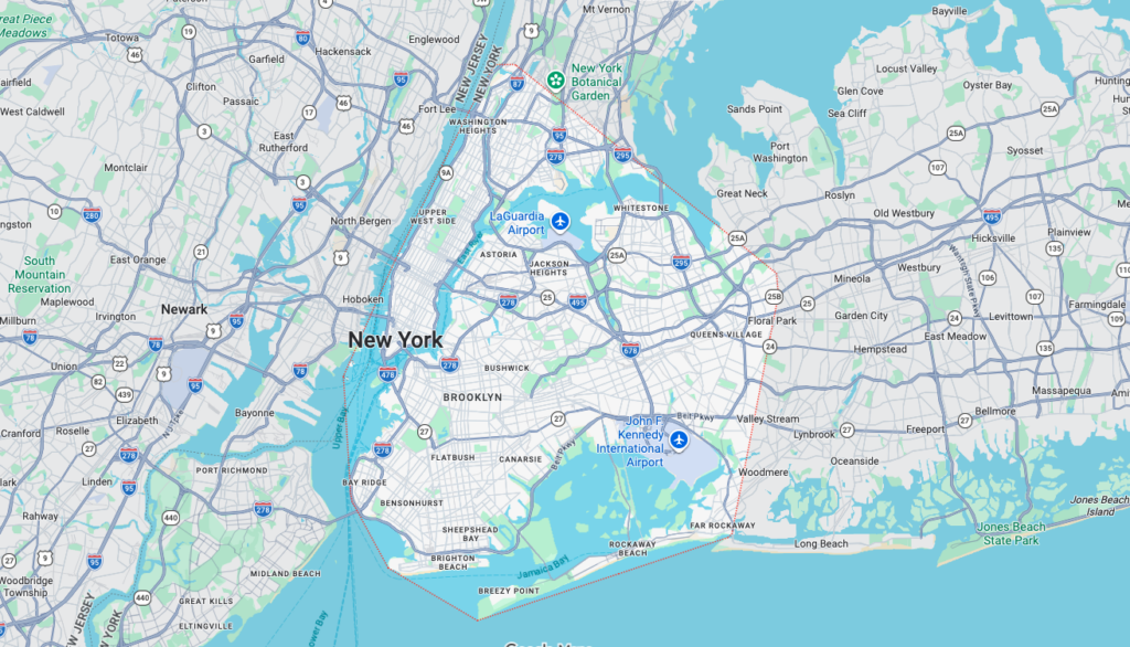 Map of Big Apple Bookkeeping's service area across the five boroughs and New Jersey