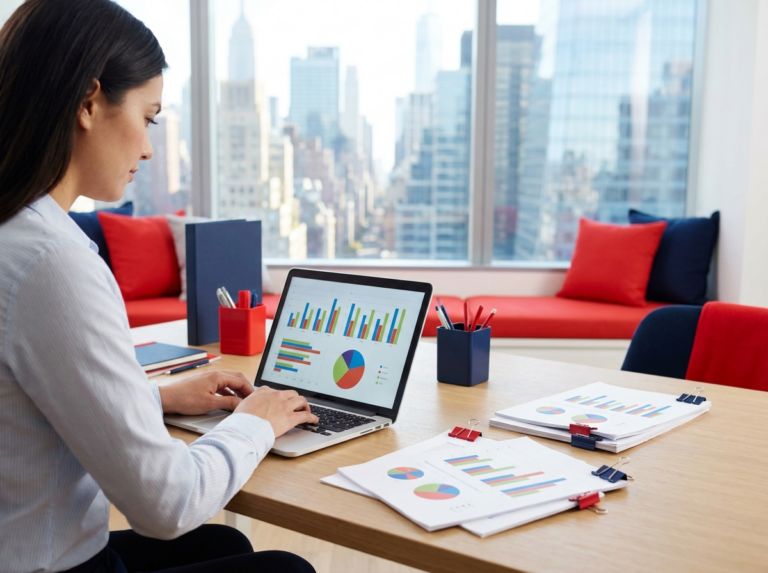 Financial statements and charts on a desk with a city view