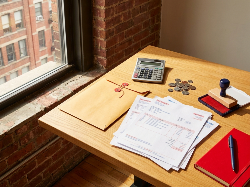 Invoices and payments laid out on a desk