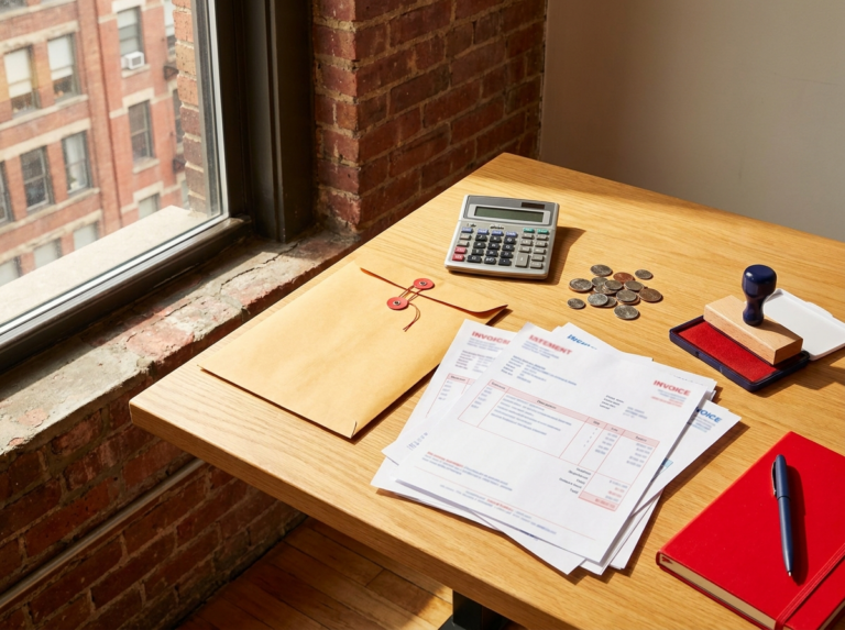 Invoices and payments laid out on a desk