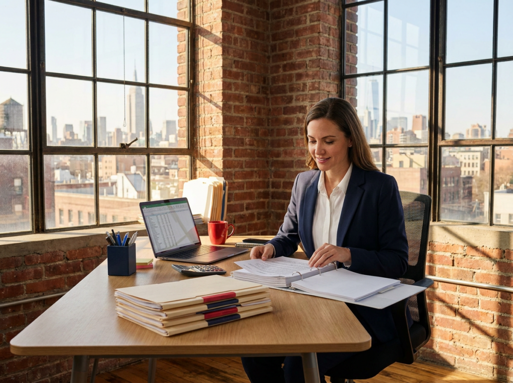 Audit paperwork and financial records under review on a Brooklyn desk