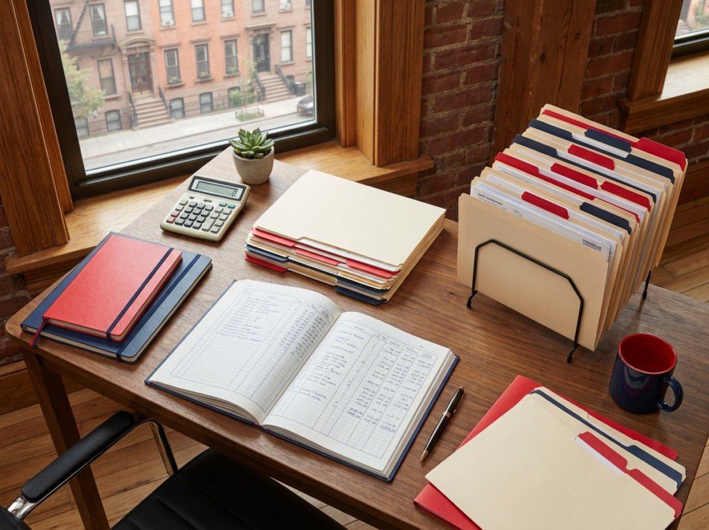 Organized bookkeeping desk with ledgers and reconciled statements