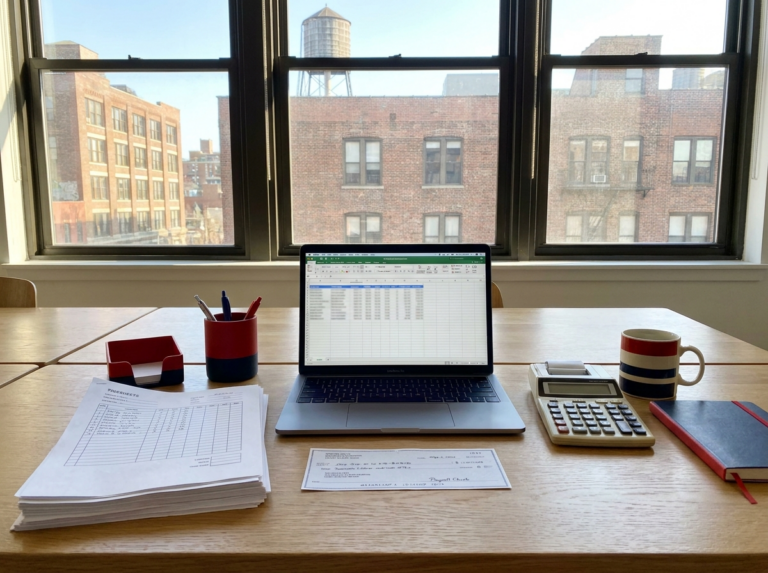 Payroll timesheets, checks, and a spreadsheet on a Brooklyn desk