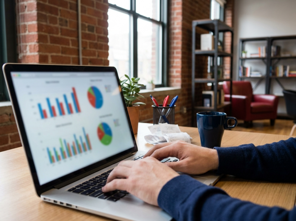 QuickBooks dashboard open on a laptop at a Brooklyn desk