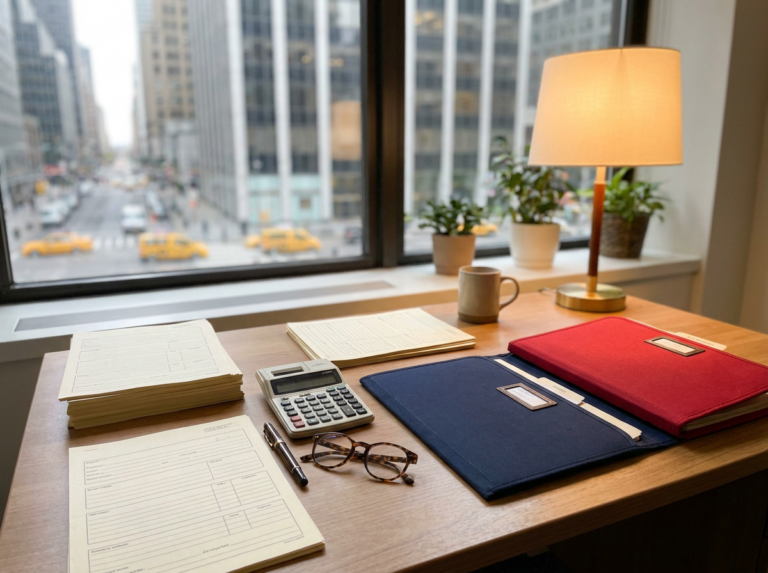 Tax preparation paperwork and forms on a desk
